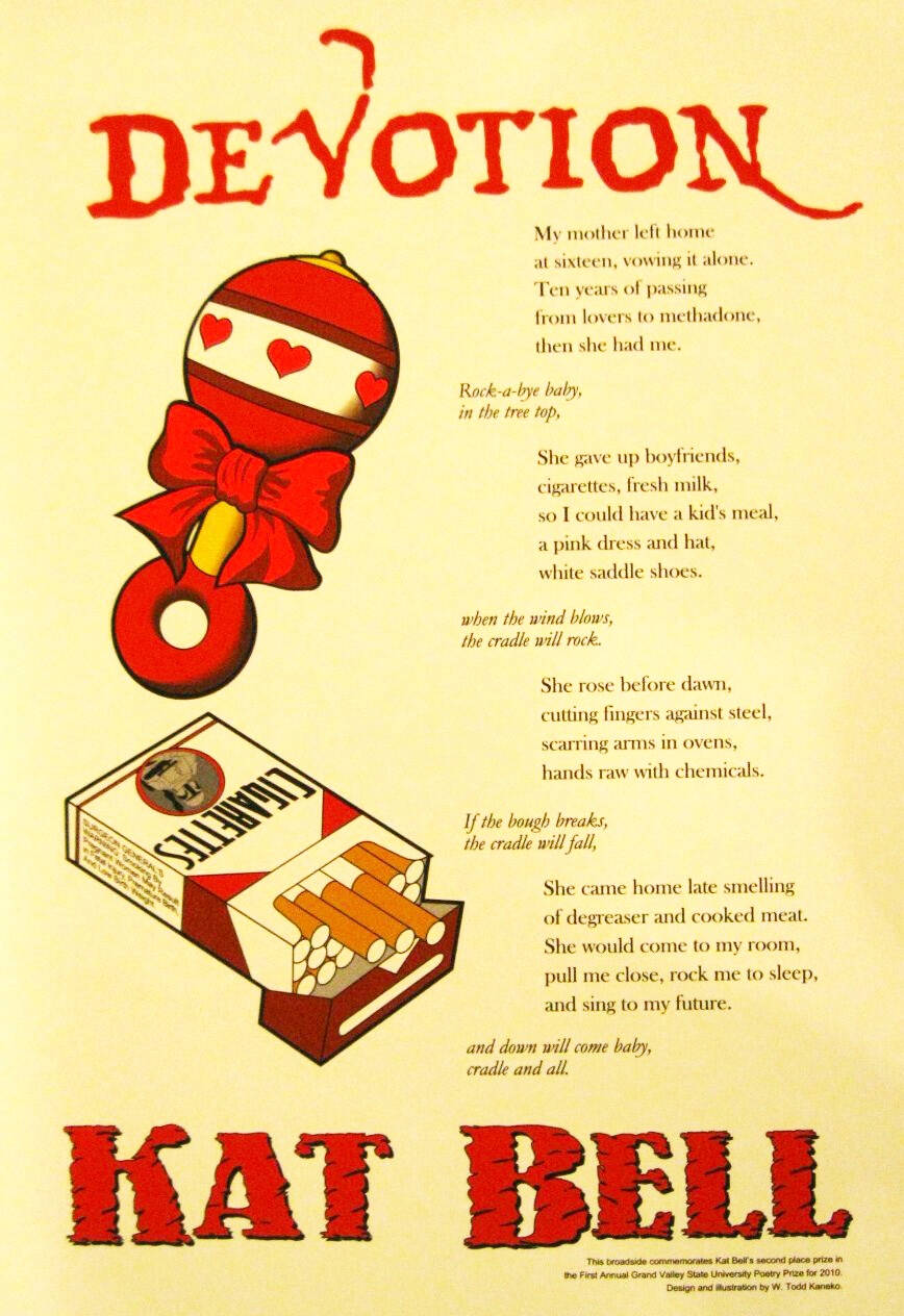 Broadside of a poem by Kat Bell. Images include a red baby rattle above a pack of cigarettes